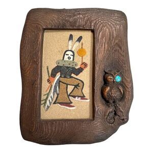 Rustic Wood Picture Frame Native American Sand Art Design & Owl Turquoise Signed